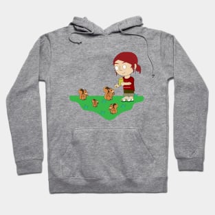 Red hair girl feed the nut to squirrel at park , Girl give the nut to squirrels, Girl relax with cute squirrel ,cute girl, squirrel family, cute rodent, cute squirrel, pet lover, Red hair girl Hoodie